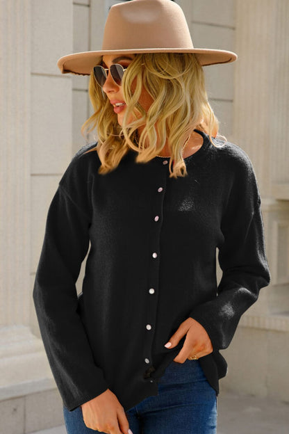 Button-Up Round Neck Cardigan