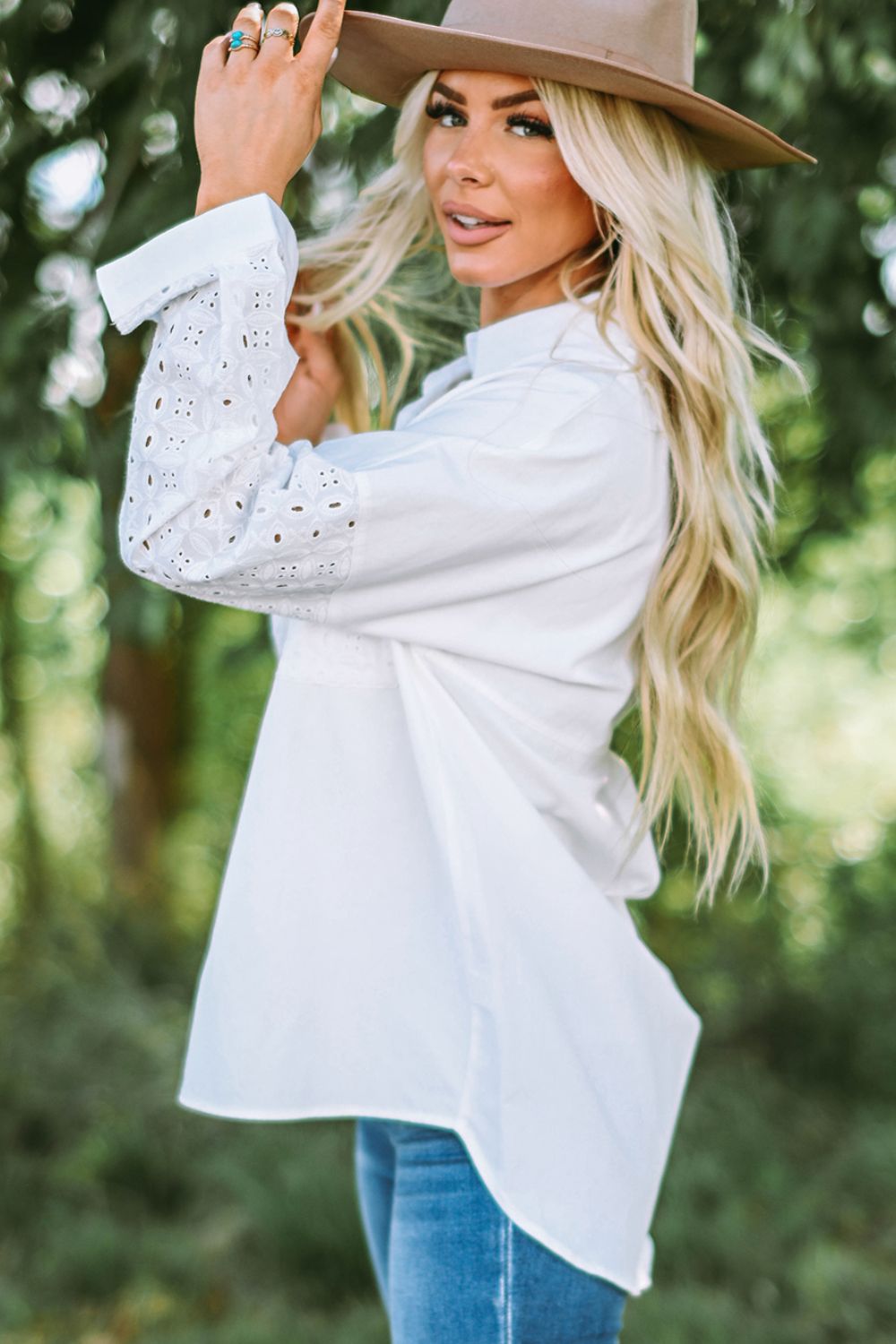 Eyelet Detail Button Down High-Low Shirt