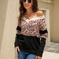 Leopard Color Block V-Neck Knit Pullover