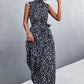 Printed Mock Neck Sleeveless Belted Tiered Dress