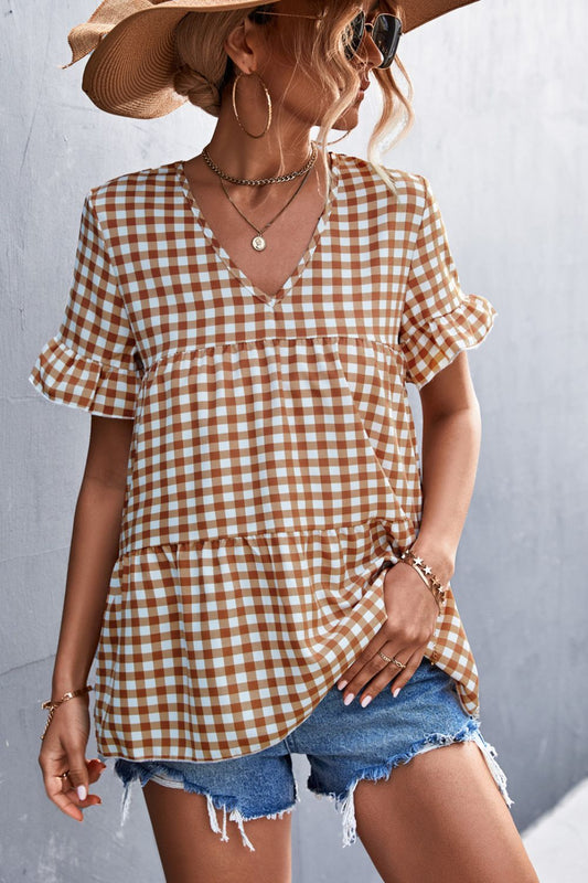 Gingham Flare Sleeve Babydoll Top
