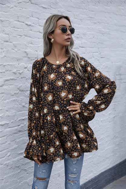 Leopard Round Neck Tiered Flounce Sleeve Blouse