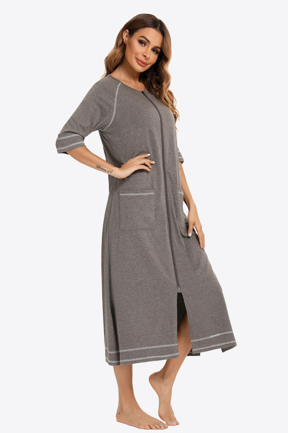 Zip Up Slit Night Dress with Pockets