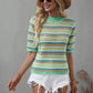 Striped Openwork Half Sleeve Knit Top
