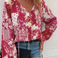 Patchwork Buttoned Tie-Neck Balloon Sleeve Blouse
