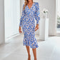 Floral Surplice Lantern Sleeve Fishtail Dress