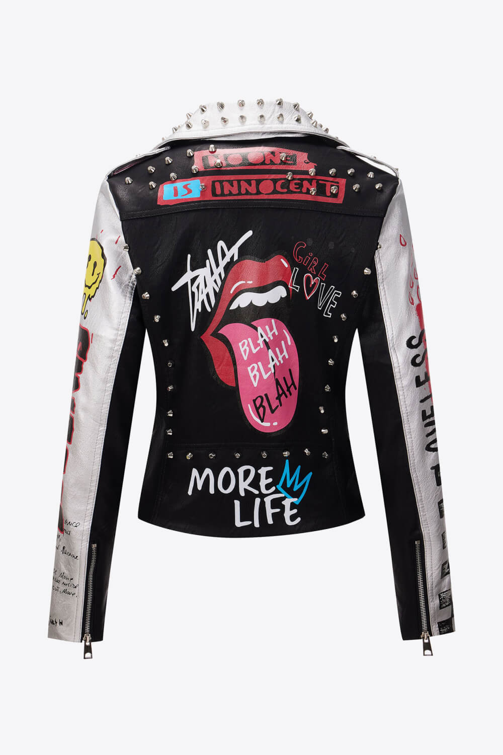 Full Size Printed Zip Up Studded Jacket
