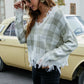 Plaid Frayed Trim V-Neck Sweater