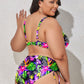 Plus Size Printed Drawstring Detail Bikini Set