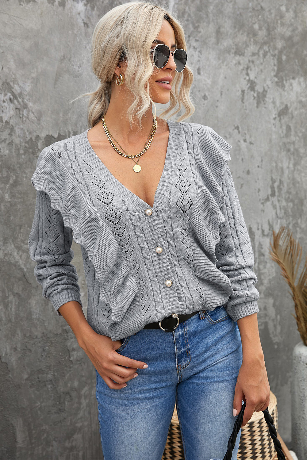 Button Front Ruffle Trim V-Neck Cardigan