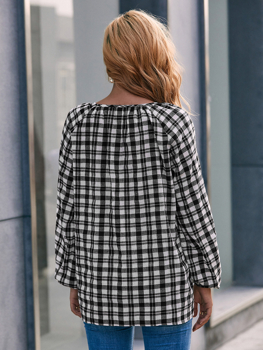 Plaid Tie Neck Long Sleeve Blouse
