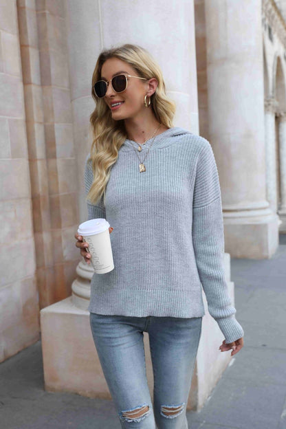 Rib-Knit Drop Shoulder Hooded Sweater