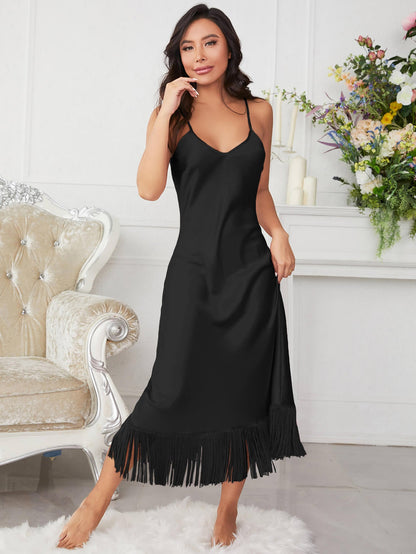 Spaghetti Strap V-Neck Ruffle Hem Satin Night Dress