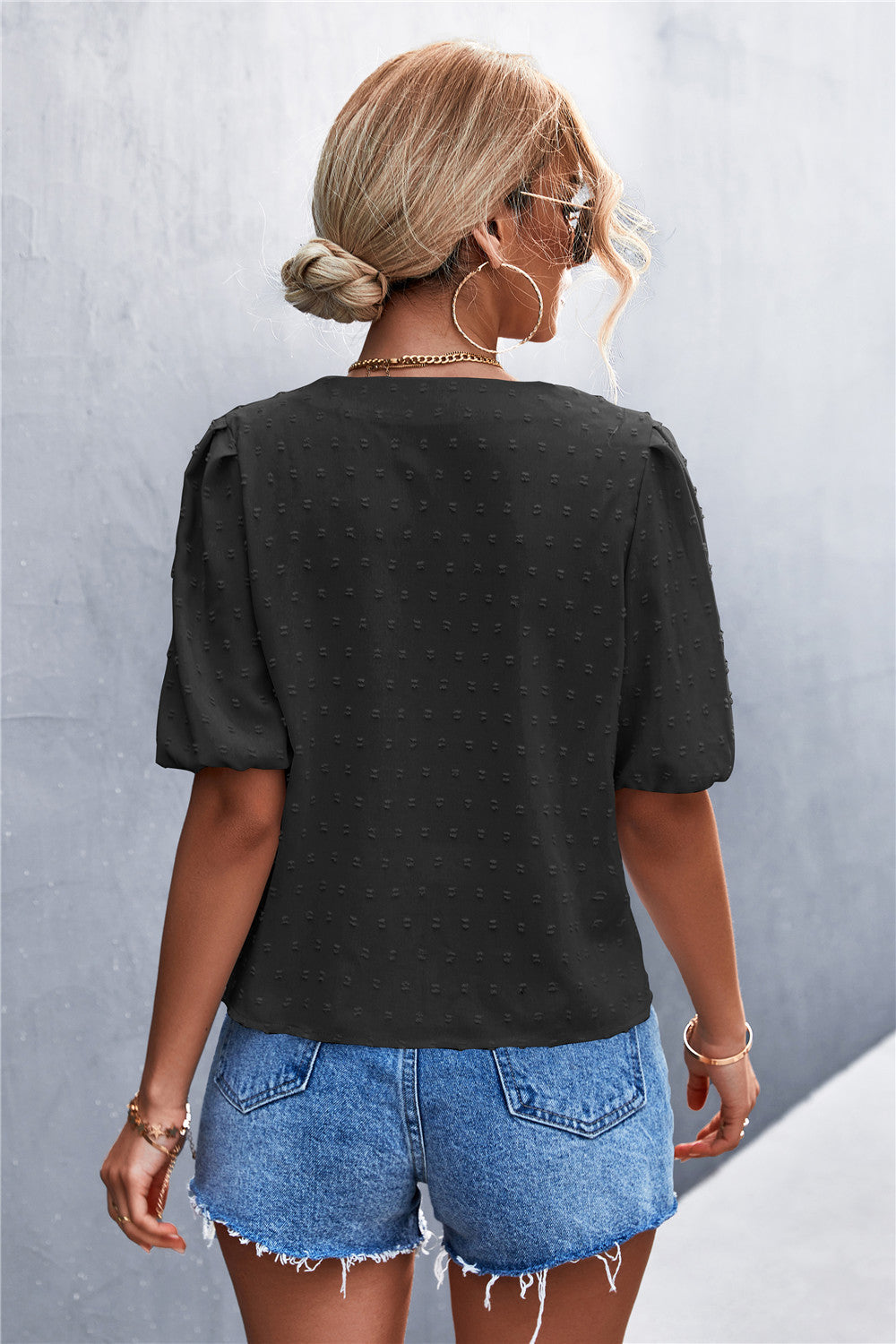 Swiss Dot Puff Sleeve V-Neck Top