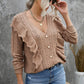 Button Front Ruffle Trim V-Neck Cardigan