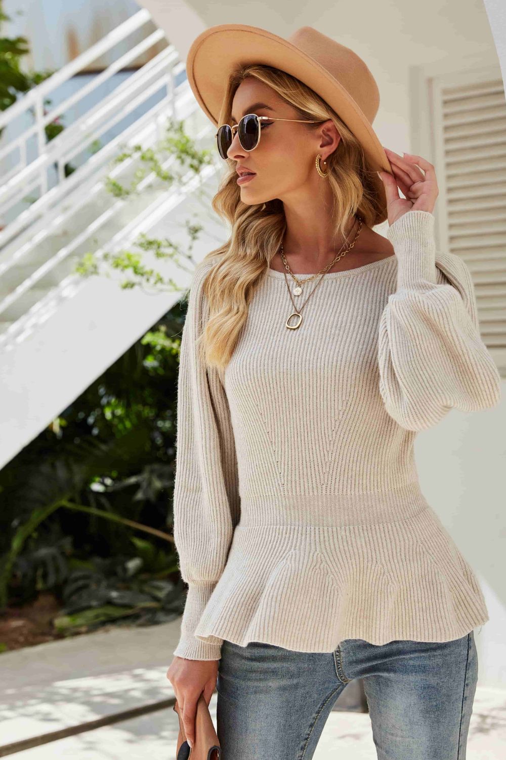 Rib-Knit Lantern Sleeve Peplum Sweater