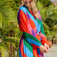 Multicolored Tie-Waist Pleated Balloon Sleeve Dress