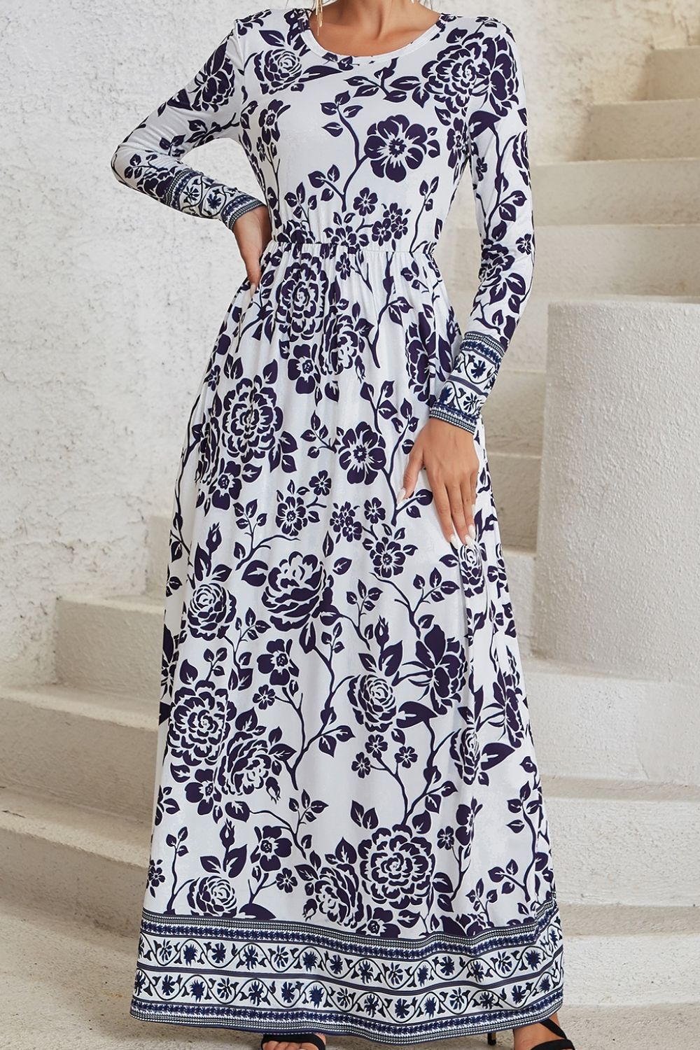 Bohemian Long Sleeve Maxi Dress with Pockets