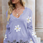 Flower Distressed Ribbed Trim Sweater