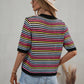 Striped Openwork Half Sleeve Knit Top