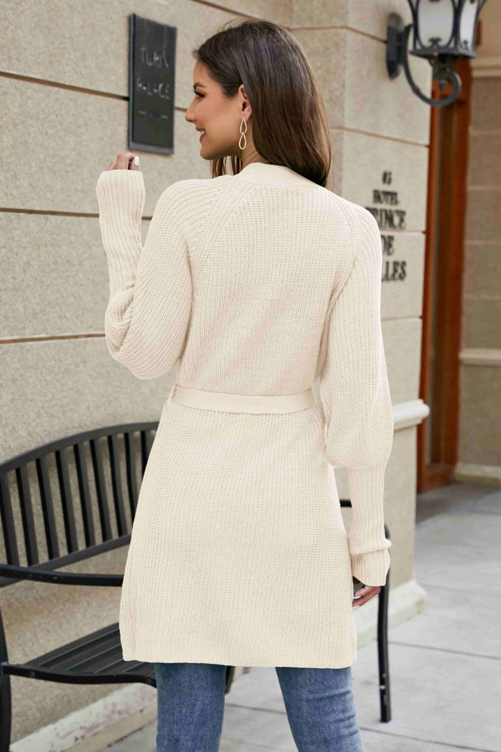 Lantern Sleeve Rib-Knit Open Front Longline Cardigan