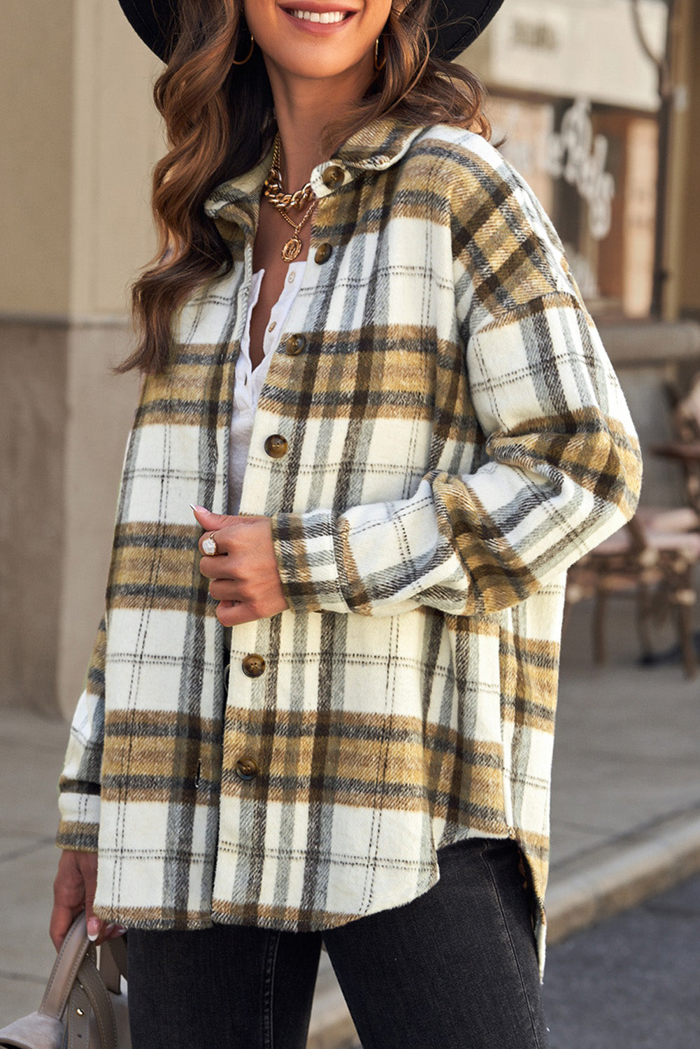 Plaid Dropped Shoulder Curved Hem High-Low Shacket