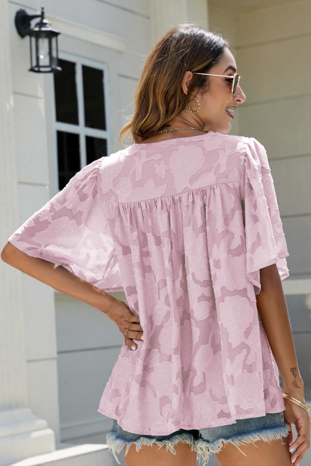 Applique Frill Trim Flutter Sleeve Blouse