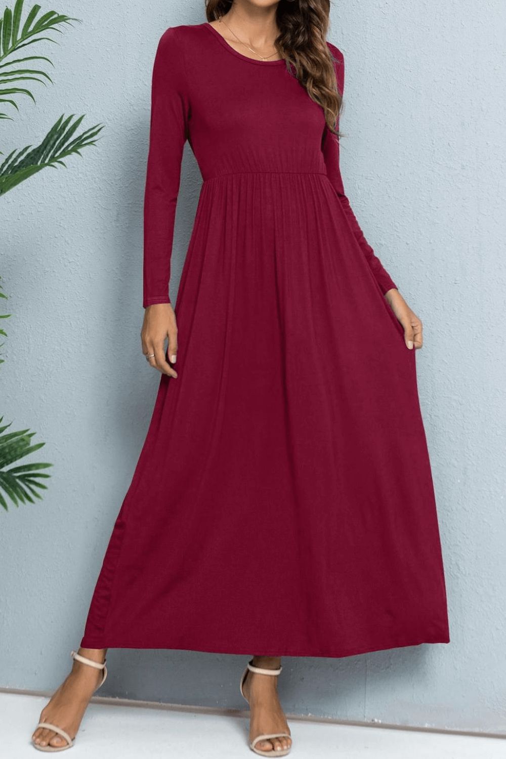 Long Sleeve Round Neck Maxi Dress with Pockets