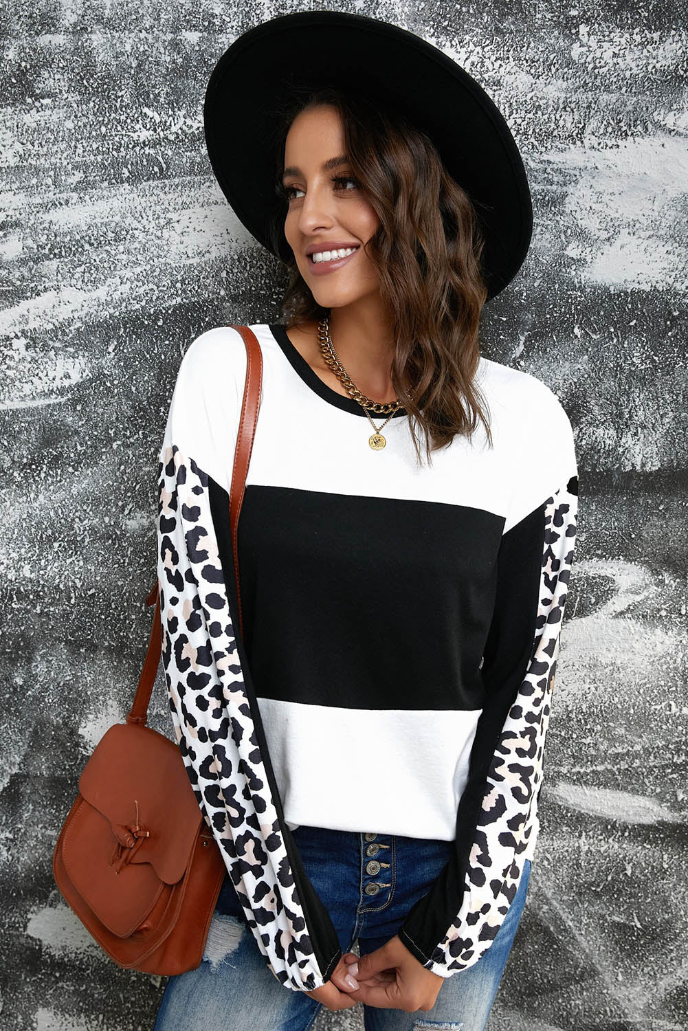 Leopard Print Color Block Long Sleeve Tee