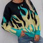 Printed Round Neck Ribbed Trim Knitted Sweater