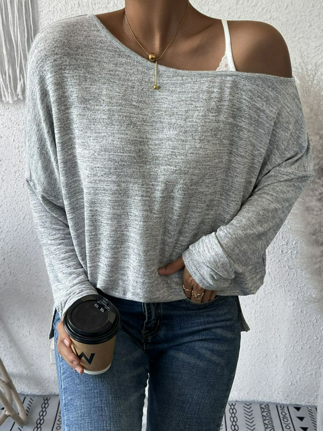 Heathered Asymmetrical Neck Slit Tunic Top