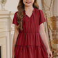 Girls Frilled Notched Neck Puff Sleeve Dress