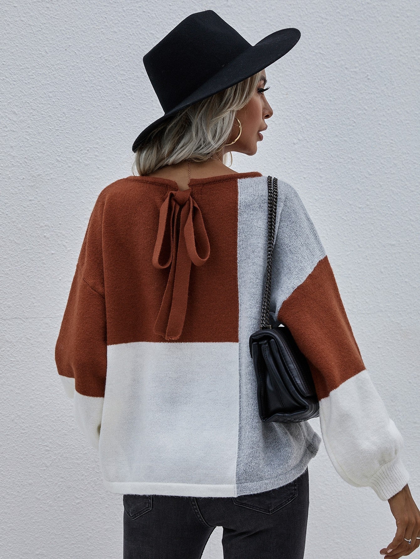 Color Block Tie-Back Dropped Shoulder Knit Pullover