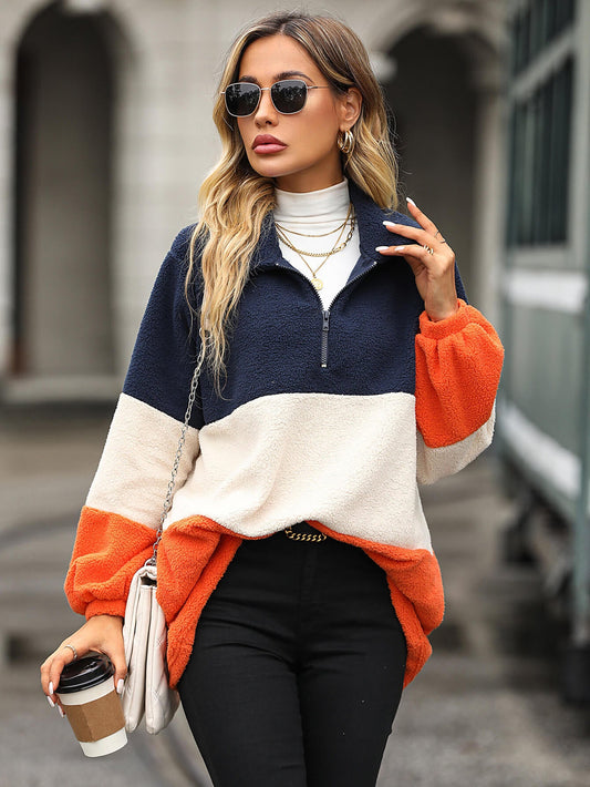 Color Block Quarter-Zip Teddy Pullover