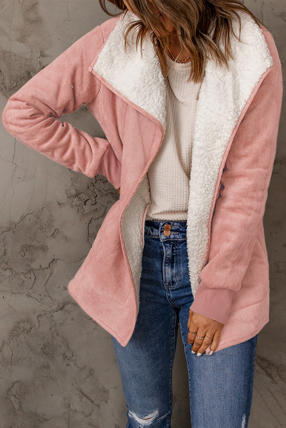 Faux Suede Sherpa Lining Jacket with Pockets