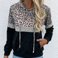 Leopard Color Block Long Sleeve Drawstring Hoodie