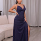Rhinestone Chain Detail Lace-Up Ruched Split Maxi Dress