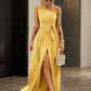 One-Shoulder Belted Front Split Dress