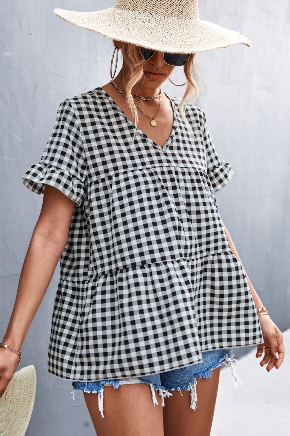 Gingham Flare Sleeve Babydoll Top