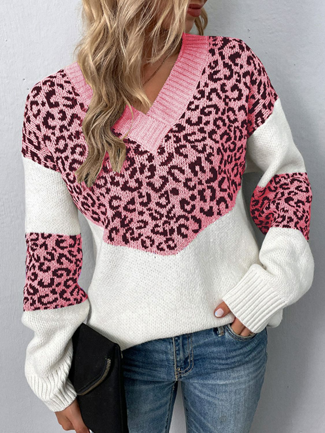 Leopard Color Block V-Neck Ribbed Trim Sweater