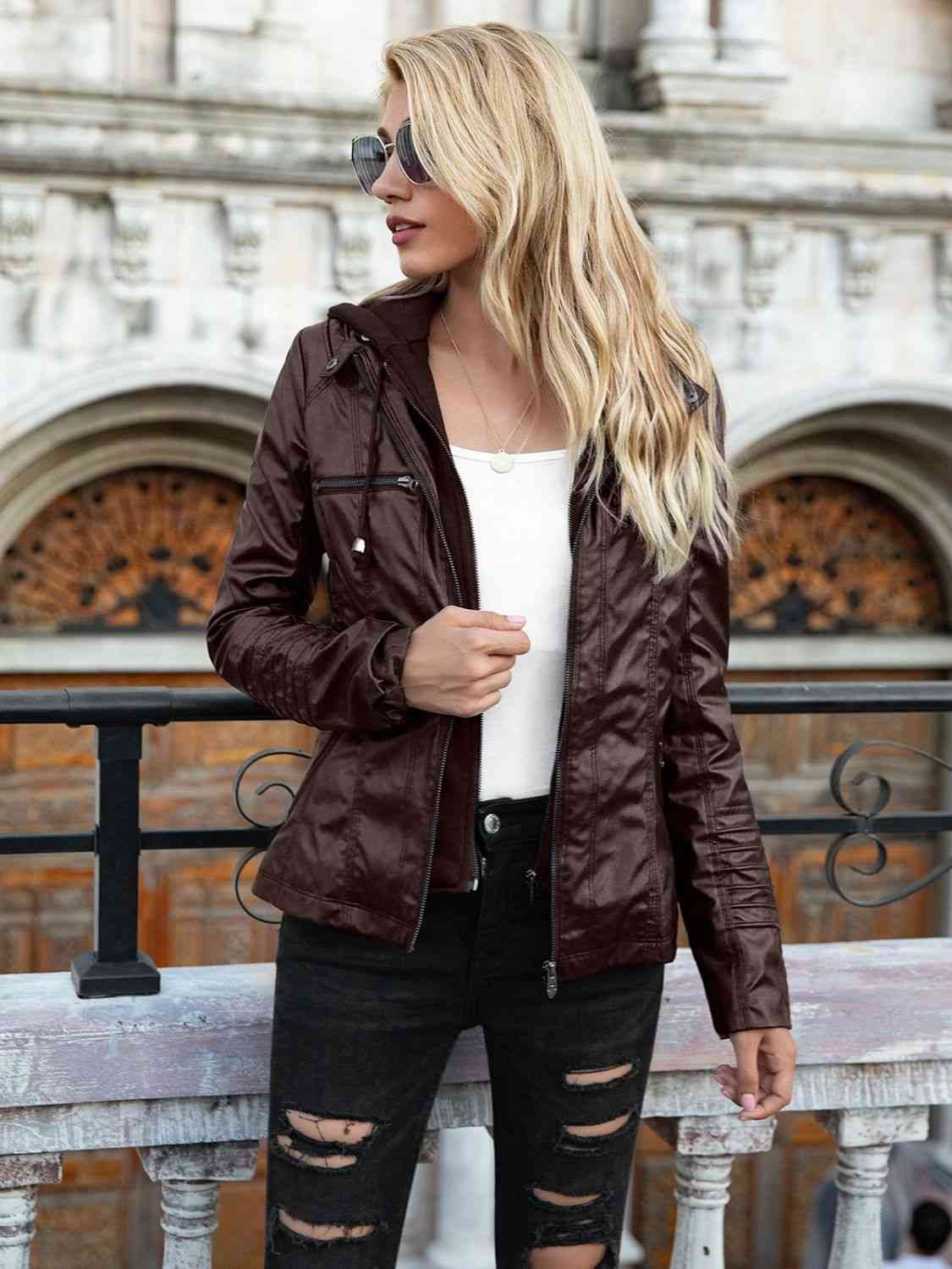 Full Size Zip-Up Hooded PU Jacket