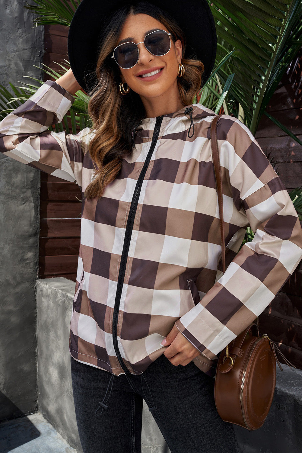 Plaid Drawstring Hem Zip Up Hooded Jacket