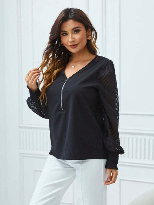 Half-Zip Smocked Balloon Sleeve Blouse