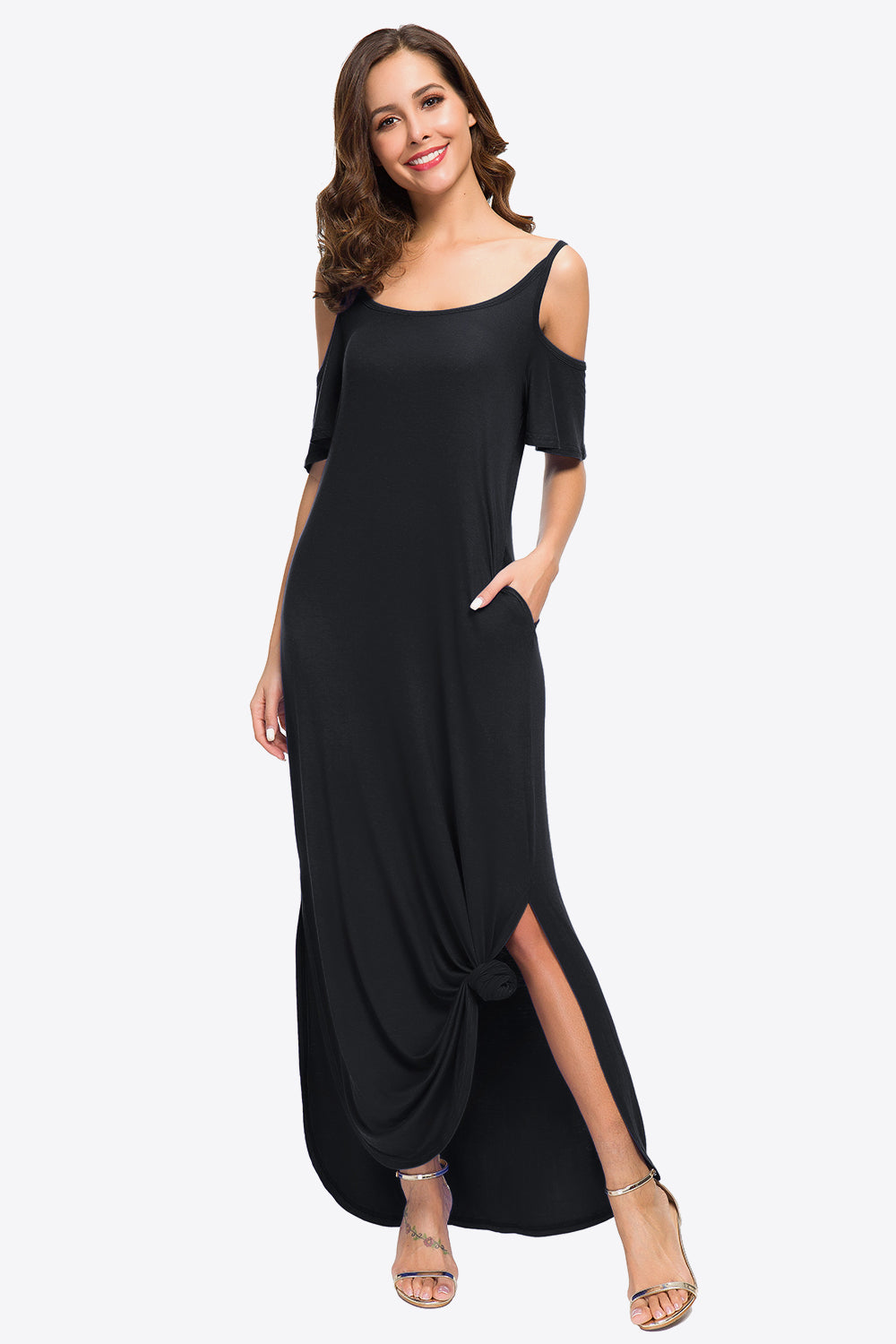 Cold-Shoulder Split Maxi Dress with Pockets