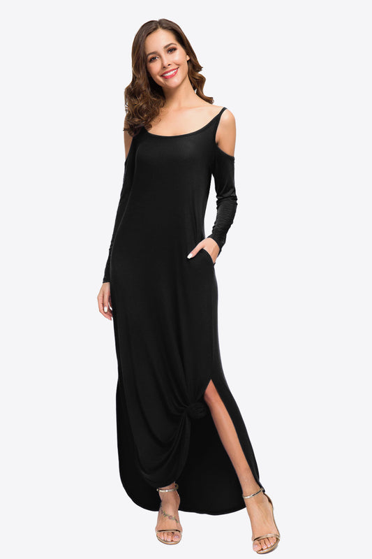 Cold-Shoulder Split Dress with Pockets