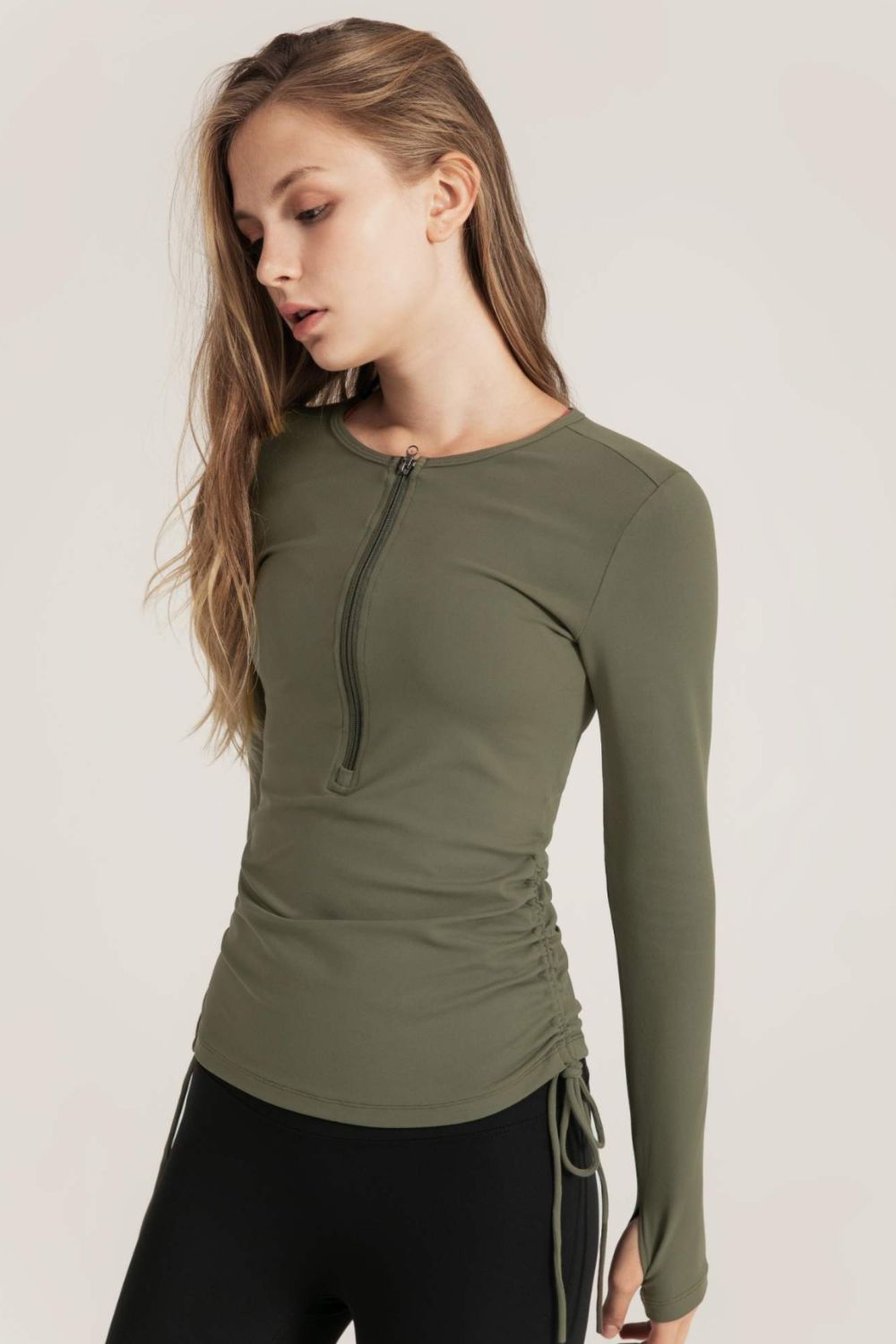 Half-Zip Drawstring Long Sleeve Sports Top