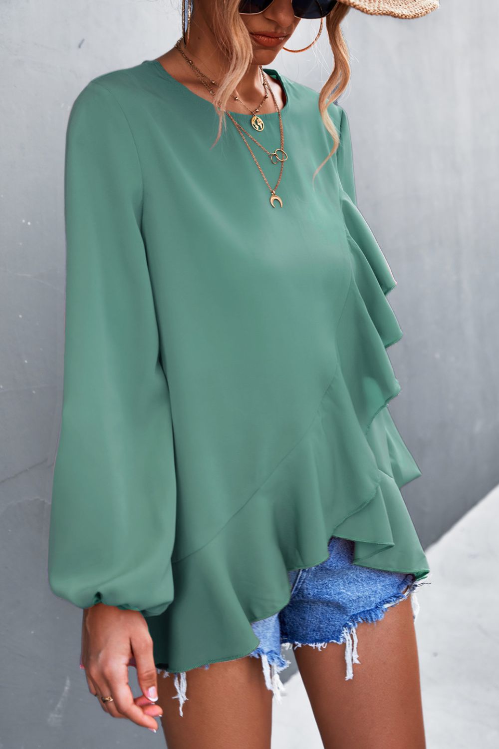 Asymmetrical Ruffle Trim Tunic Blouse