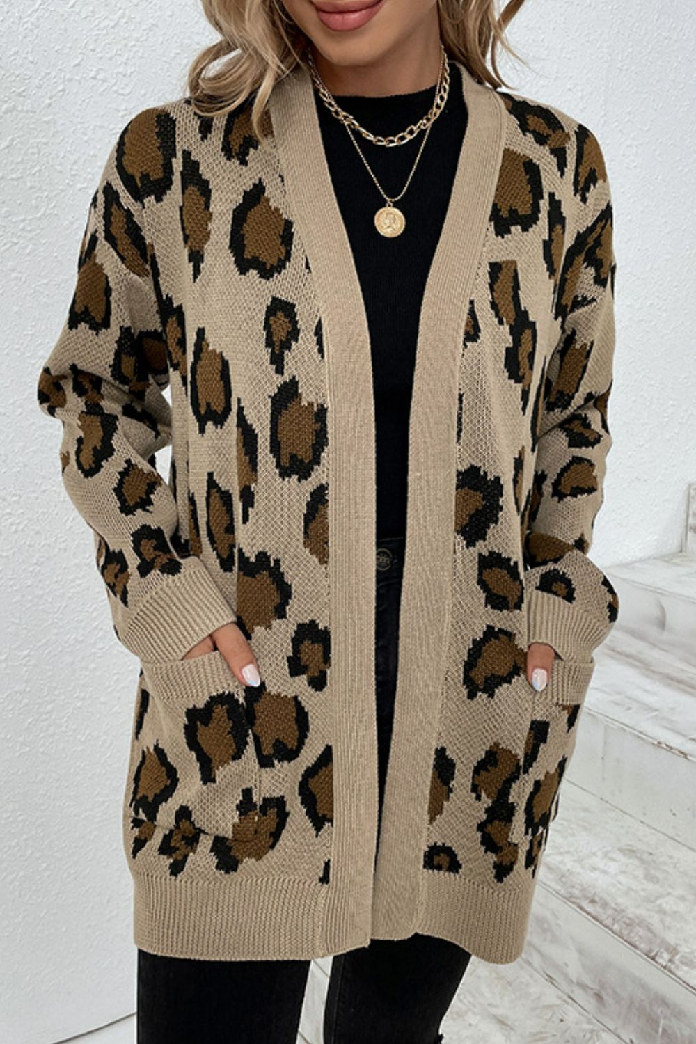 Leopard Print Ribbed Trim Dropped Shoulder Longline Cardigan