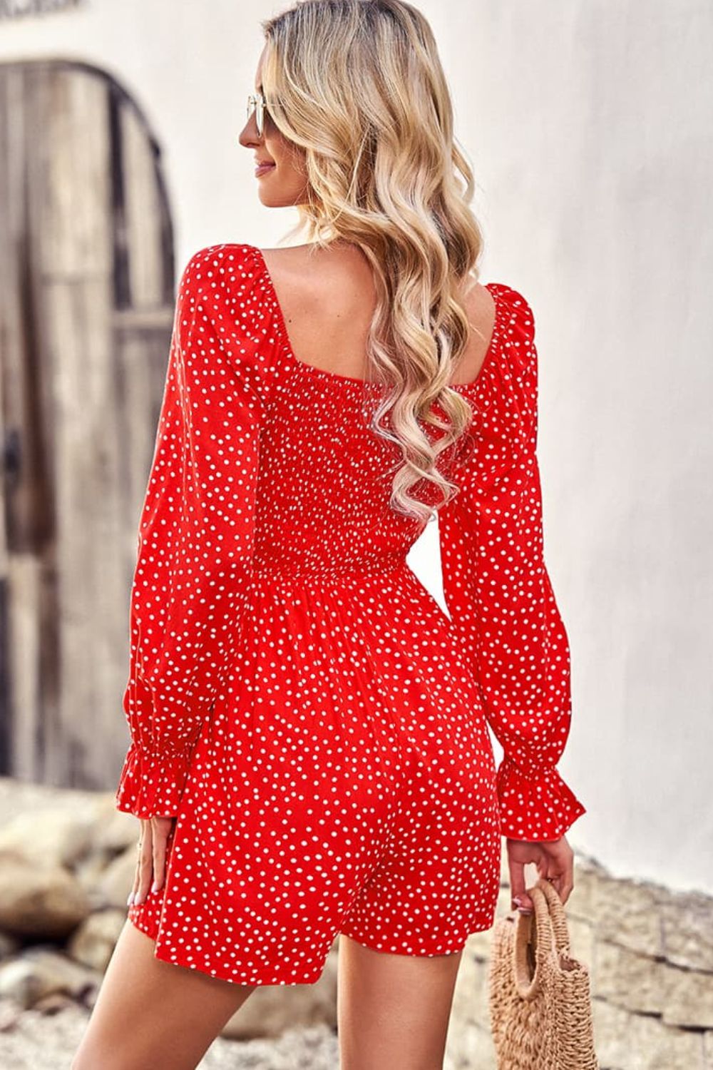 Polka Dot Ruched Smocked Flounce Sleeve Romper