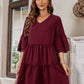 V-Neck Three-Quarter Flounce Sleeve Tiered Dress